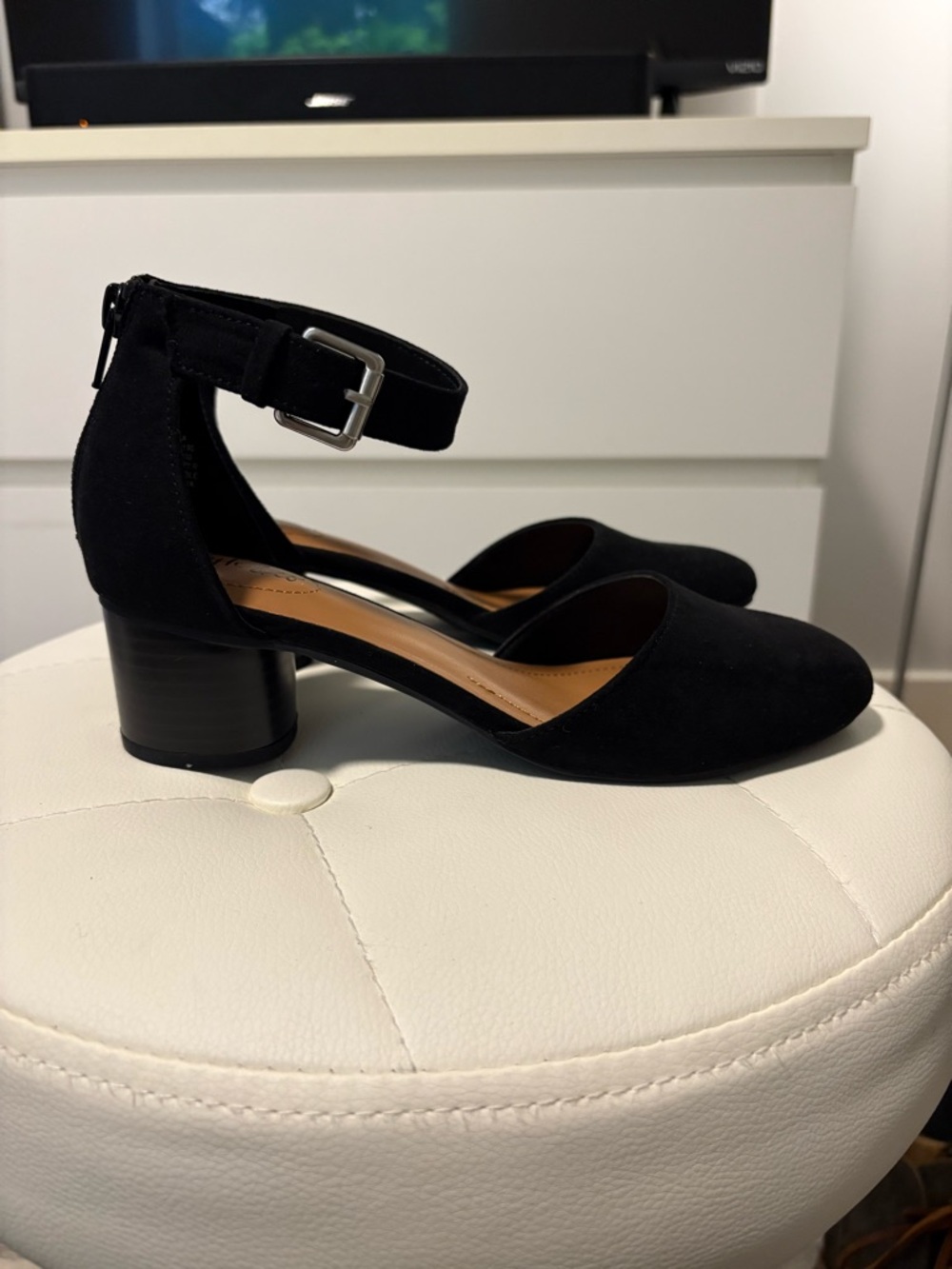 Black Suede Ankle Strap Block Heel - Picture 2 of 6